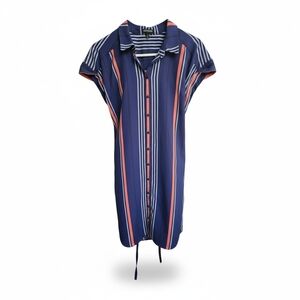Express Navy and Coral Vertical Stripe Button Shirt Dress